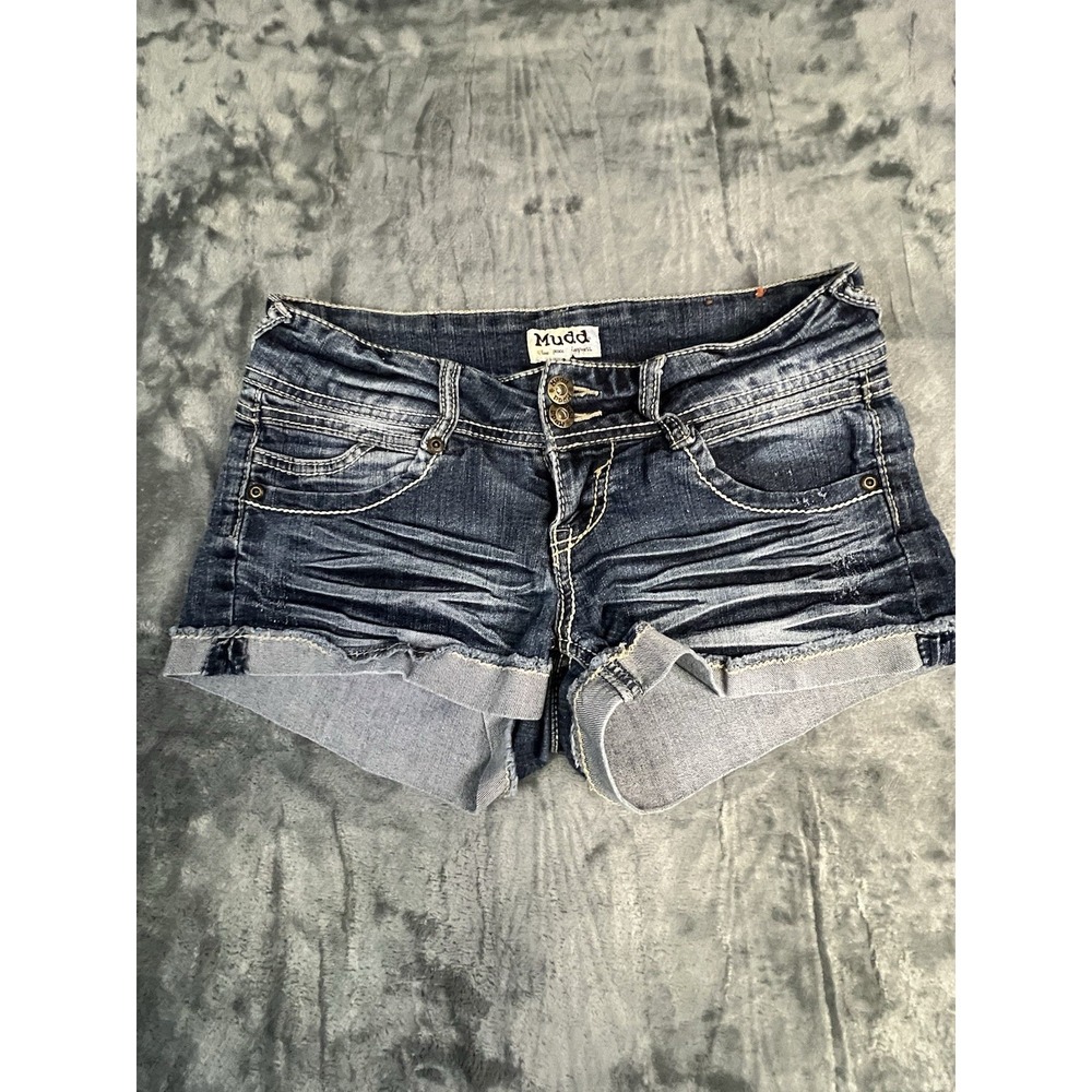 Mudd Juniors Low Rise Medium Wash Blue Denim Cuffed Shorts Size 5